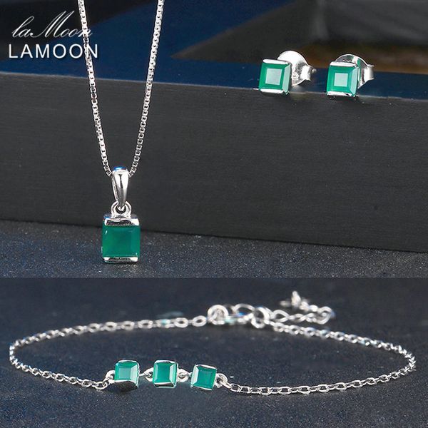 

lamoon new square cut green agate chalcedony 925-sterling-silver jewelry sets 3pcs s925 fine jewellery for women wedding v008-3, Black