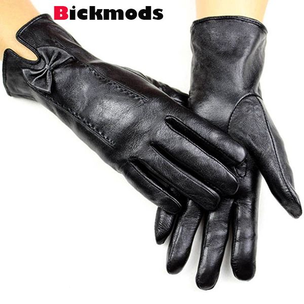 

2018 new shelves leather gloves female bow style woolen lining thin autumn driving sub-finger women' sheepskin gloves, Blue;gray