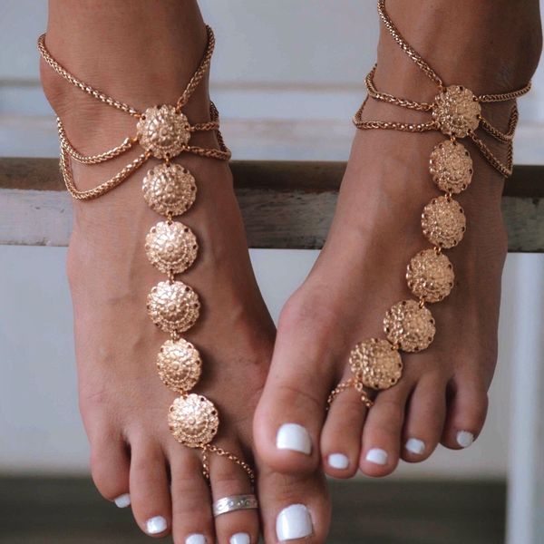 

new bohemia vintage ethic retro style anklets flower carved disc finger chain women foot chain jewelry lots wholesale