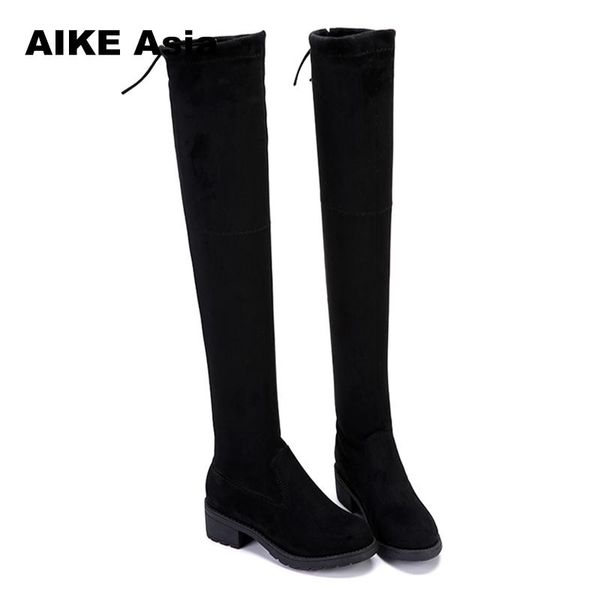 

size 34-41 winter over the knee boots women stretch fabric women thigh high lace up woman flat shoes long bota feminina, Black