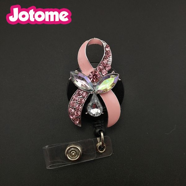 

5pcs breast cancer awareness key rings pink enamel ribbon nurse retractable badge reel id holder clip school office, Slivery;golden