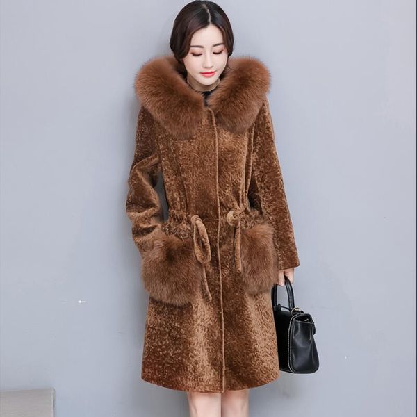 

new 2017 brand fashion fur winter coat women sheep sheared fur jacket women long coat warm winter parka plus size, Black