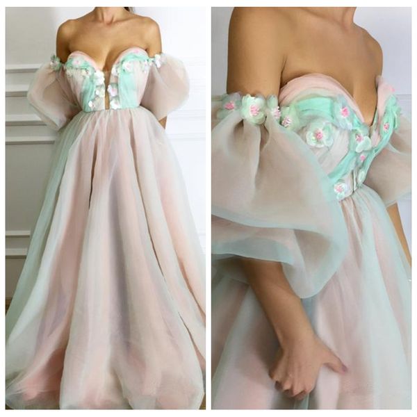 

2019 sweetheart appliques handmade flowers adorned tulle prom dresses a-line evening party gowns custom made vestidos de soiree, Black