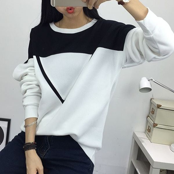 

O-Neck Winter New Fashion Black And White Spell Color Patchwork Hoodies Women V Pattern Pullover Sweatshirt Female Tracksuit M-Xxl