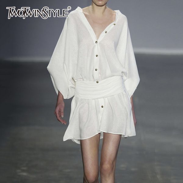 

twotwinstyle women's skirt two piece set v neck lantern sleeve big size white blouse with high waist patchwork mini skirts, Gray