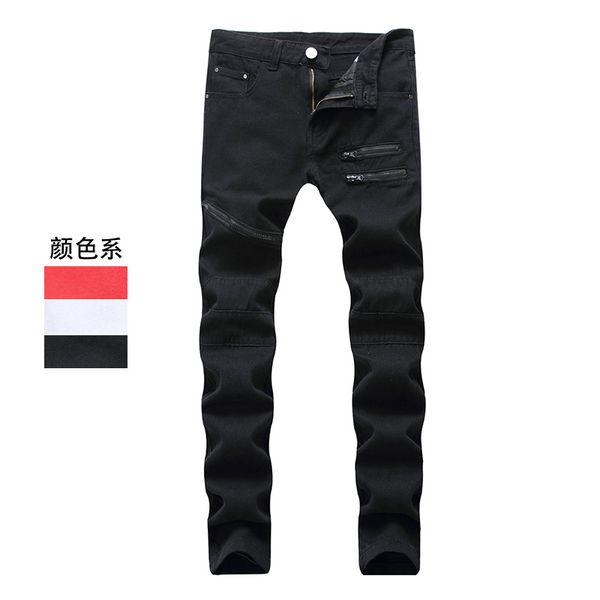 

fashion men's hole casual pants male straight zipper slim trousers pure cotton casual solid full length jeans pants plus size, Black