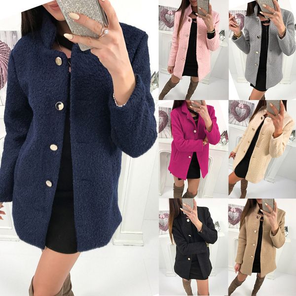 

youyedian 2018 women winter solid single-breasted notched fluffy pocket jacket outwear coat, Black