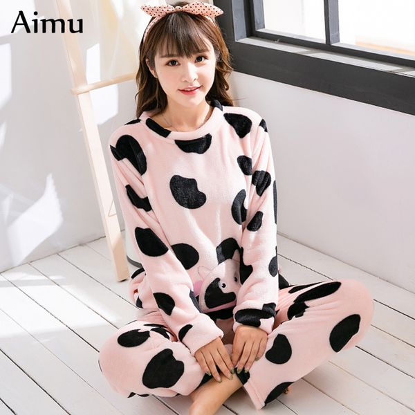 

women pajamas winter long sleeve flannel pajama set cartoon cow print kawaii pink sleepwear warm girl pijama mujer woman clothes, Blue;gray