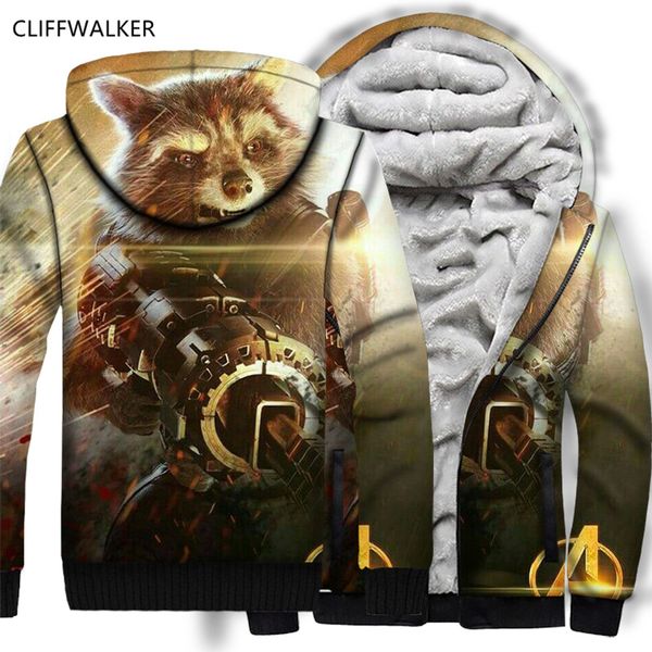 

dropshipping collection rocket raccoon print 3d hoodie autumn winter thicken zipper flannel hooded coat us size, Black