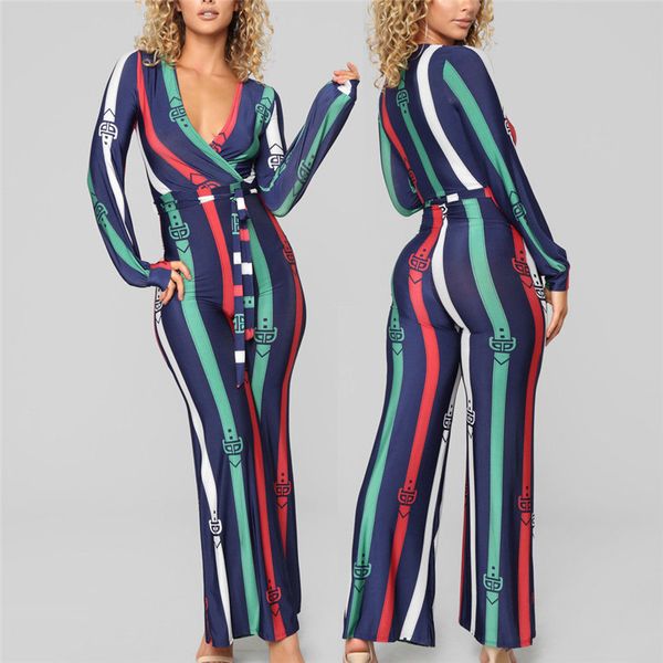 

trendy women romper long sleeve striped slim rompers ladies v-neck wide leg polyester jumpsuit one pieces, Black;white