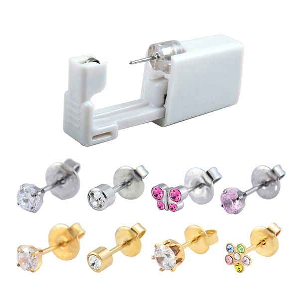 

1piece 316l surgical steel sterilized disposable ear piercing units gun tools with cz crystal earring stud body piercing jewelry, Golden;silver