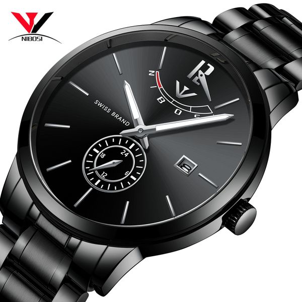 

relogio masculino nibosi mens watches fashion business quartz watch men sport full steel waterproof black clock, Slivery;brown