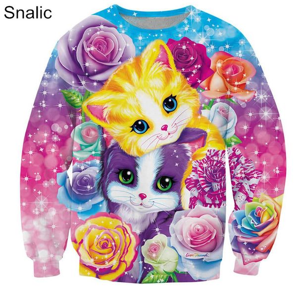 

snalic long sleeve sweatshirts for men women fashion cat flower 3d printed hoodies casual o-neck streetwear thin hoodies, Black