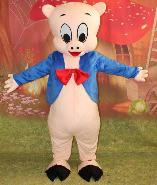 

2018 a pig mascot costume with blue shirt and red tie for to wear, Red;yellow