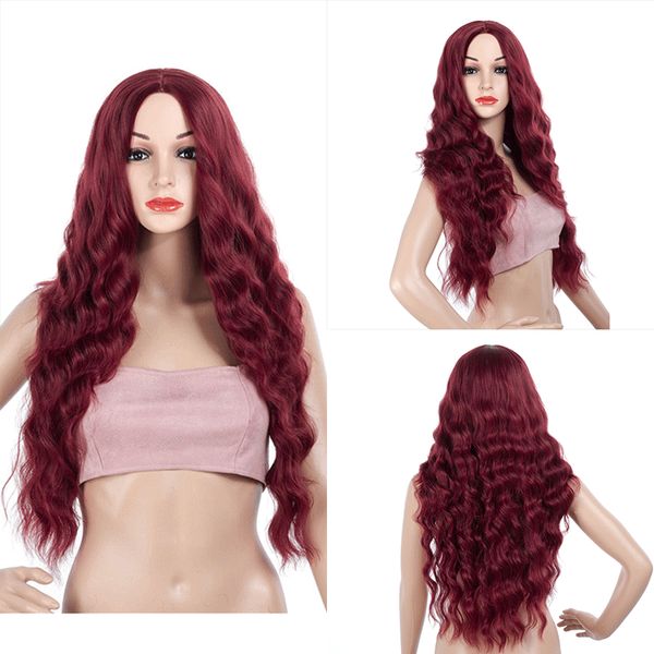

wig chemical fiber lady's head set medium women long synthetic wig corn deep wave hair side bang chemical headgear dyed partial, Black