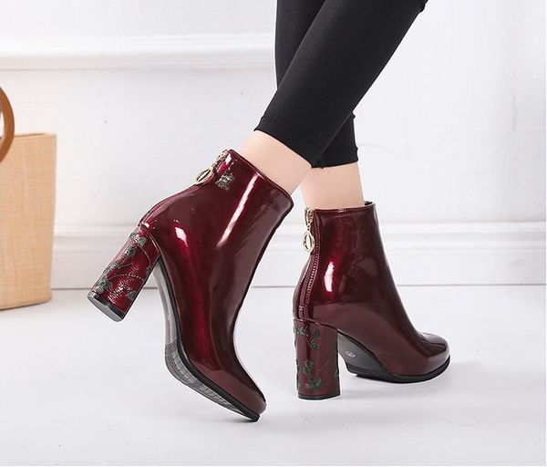 Hiver Bottes Chaussures Printemps Talon Bottes Talons Lady 2019 Femmes Hauts Bottines Bout Talon PU Acheter Travail Épais Polaires À Rond De De Noir drBoCxe