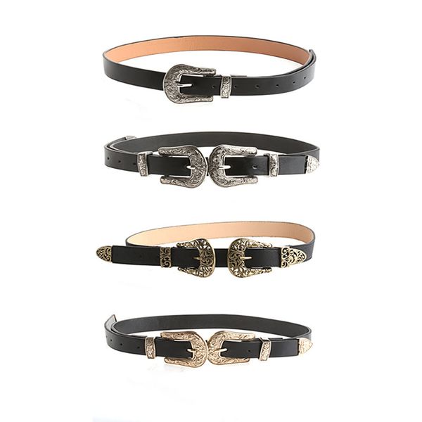

women lady fashion vintage adjustable punk metalic waistband waist belt double buckle accessory, Black;brown