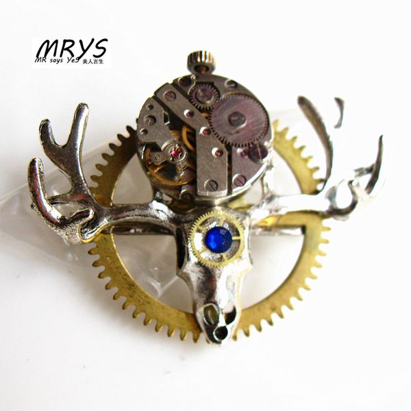 

steampunk gothic punk deer antler watch movements parts gears brooch pins badge men women girls boys jewelry christmas party new, Gray