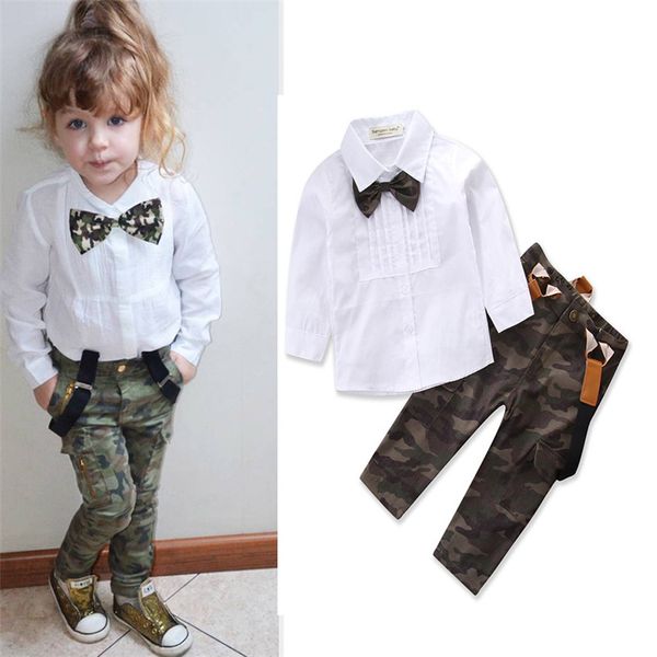 Bebê bonito Menina Roupas Definir Manga Longa Branco Bow Tie Shirt Tops + Camuflagem Calças Macacões 2 PCS Conjuntos de Roupas Meninas Primavera Outono 1-6Years