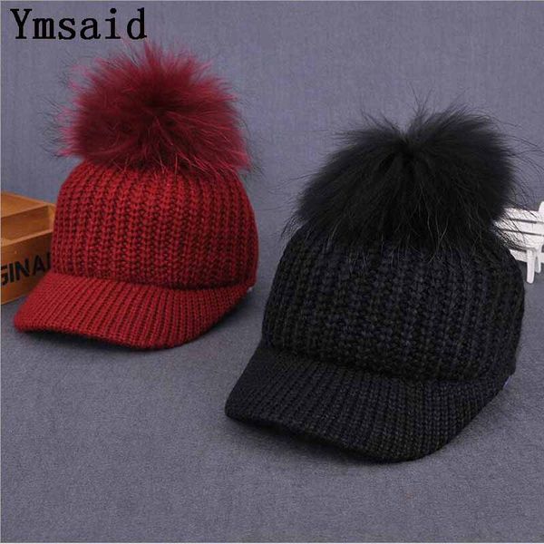 

ymsaid 2017 new raccoon hair ball curling hat hat knitted baseball cap ladies cap wholesale women's wool, Blue;gray