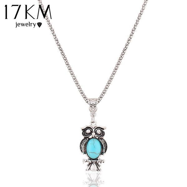 

whole sale17km new fashion vintage bohemia ethnic style bohemia owl pendants necklace blue stone statement party necklace jewelry, Silver