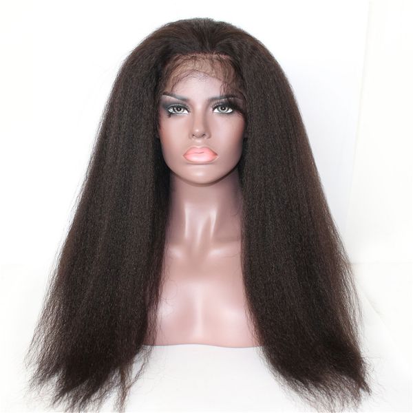 

remy vrigin natural color woman hand-made baby hair kinky staight brazilian wig front lace human hair 130% density swiss lace, Black;brown