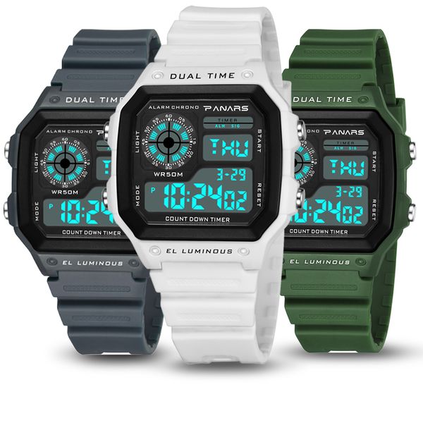 

brand digital watch men light luminous electronic sports watches chronograph alarm led square dial mens watches reloj hombre, Slivery;brown