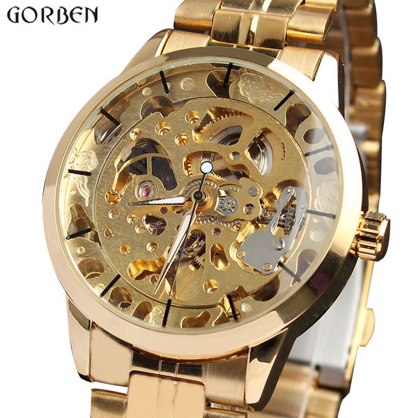 

luxury style men's women lady automatic mechanical self-wind wrist watch stainless steel skeleton time gift m103, Slivery;brown