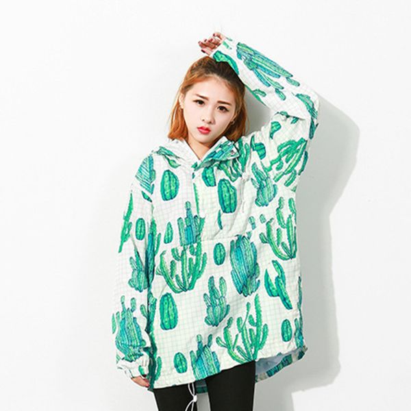 

women spring summer thin loose hedging hoodies coat harajuku batwing long sleeve cactus printing sunscreen hoodies large jacket, Black;brown