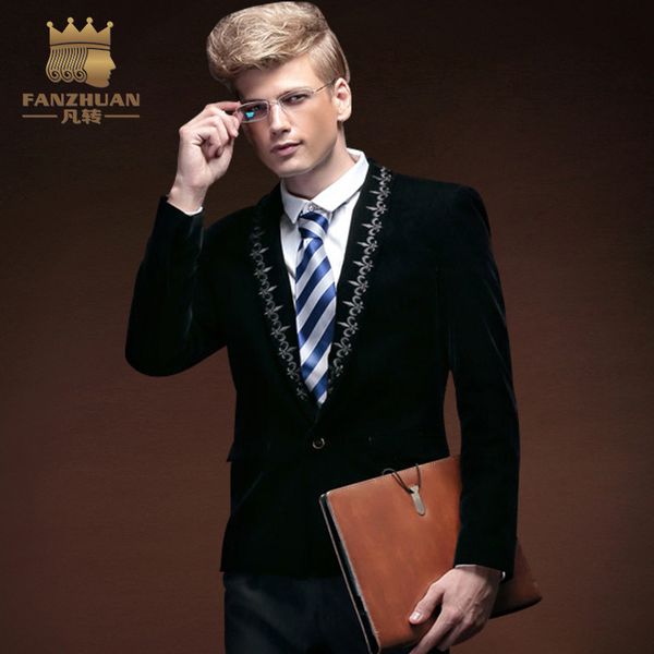 FANZHUAN Mens Black Fashion Embroidery Blazer Slim Fit