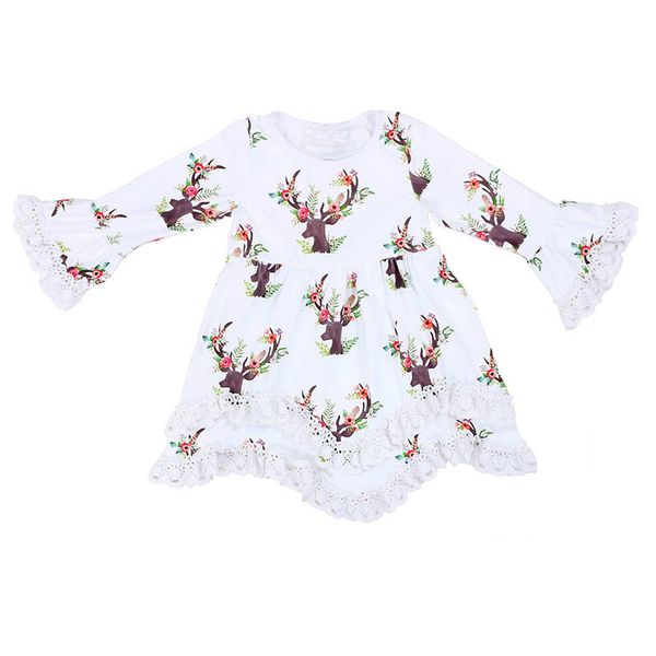 Weihnachten Mädchen Kleid Kinder Langarm Rentier Floral Bedruckte Rüschen Ärmel Kleider Kleinkind Kinder Spitze Kleidung