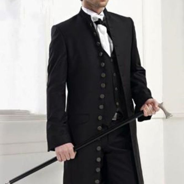 

2017 stand collar men suits with many buttons 2 pieces black groomsman tuxedos man suits blazer with pants(coat+pants+vest, White;black