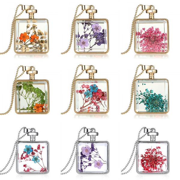 

natural plant real dried flower necklaces drifting bottle pendants glass ball pendant necklace sweater chain for women, Silver