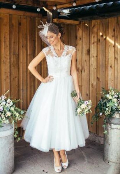 

1950s Vintage Ankle Length Short Wedding Dresses Cap Sleeve V Neck Sheer Lace Tulle A Line Bridal Gowns Plus Size Wedding Dresses Custom