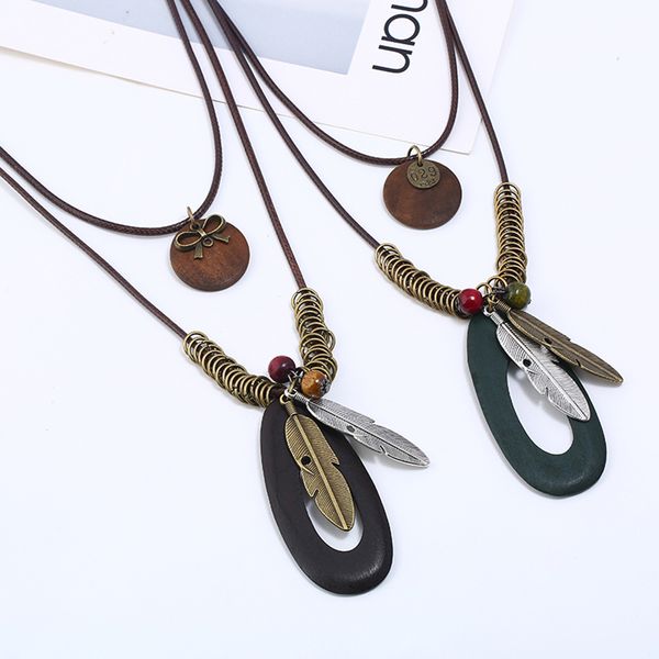 Women Gift Long Wood Jewelry Sweater Chain Pendant Necklace Wood Beads