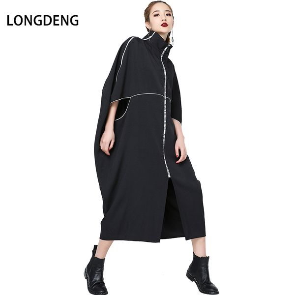 

longdeng] 2018 new style black turtleneck half sleeves zipper x-long women plus size trench waterproof spring clothes 180039, Tan;black