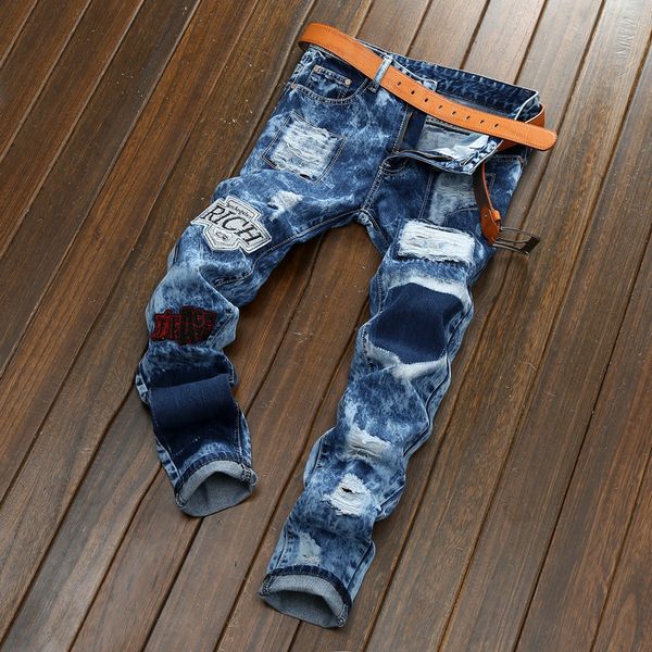 

2021 badge jeans men straight european and american men's hole patch cloth snowflake trousers plus size, Blue