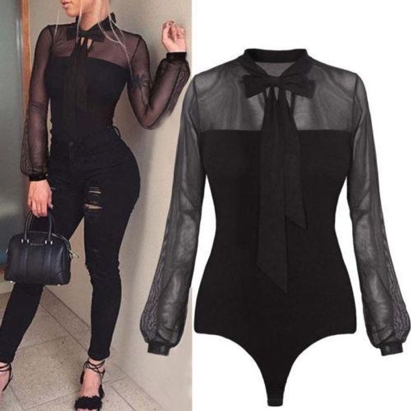 

fashion women ladies leotard tulle long sleeve bandge thin summer jumpsuit sxl women clothes blouse bodysuits, White