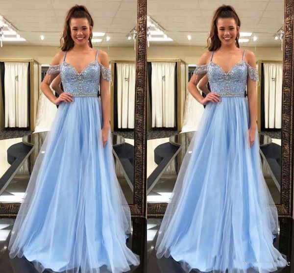 

New Sexy A Line Prom Dresses Off Shoulder Capped Sleeves Lace Aplliques Blue Long Formal Party Dresses Custom Size Evening Gowns
