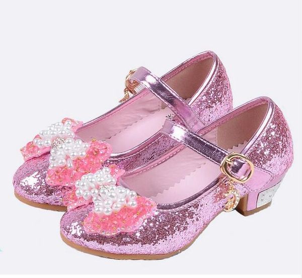 Bambini Principessa Sandali Bambini Ragazze Scarpe da sposa Tacchi alti Scarpe eleganti Papillon Scarpe dorate per ragazze Bianco Rosa GA580