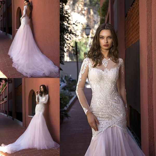 

винтаж тина валерди 2019 русалка свадебные платья с длинными рукавами румяна розовое кружево спинки свадебные платья дубай арабский свадебны, White