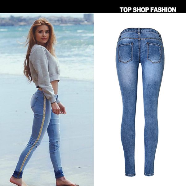 

shinning sequins back packets high waist patchwork zipper long skinny pants, Blue