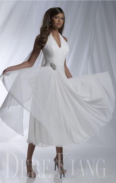 

2018 новый короткий летний пляж свадебные платья vestido де noiva веселый сексуальный v шеи холтер линия плиссированные шифон бисером чай дл, White