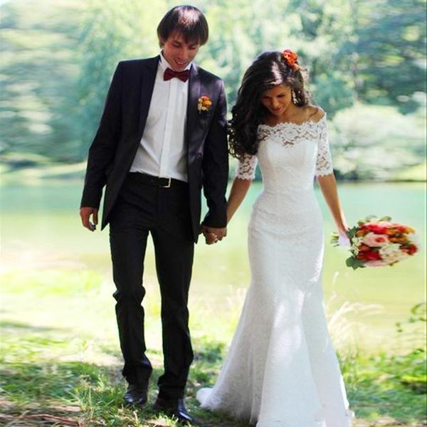 

gorgeous bateau neck mermaid wedding dresses half sleeve appliques lace lace up back vestido de novia bridal gowns, White