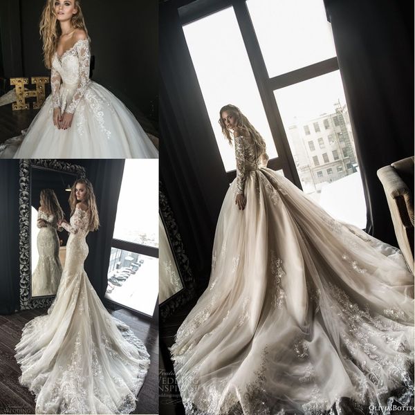 

2018 gorgeous designer mermaid wedding dresses with detachable train arabic dubai off the shoulder long sleeves lace wedding bridal gowns, White