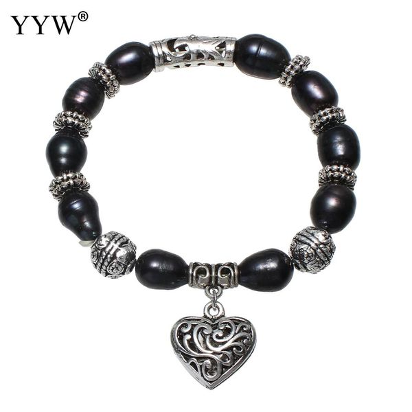 

natural freshwater pearl bracelet with brass & zinc alloy heart for woman sold per approx 7.5 inch strand, Black