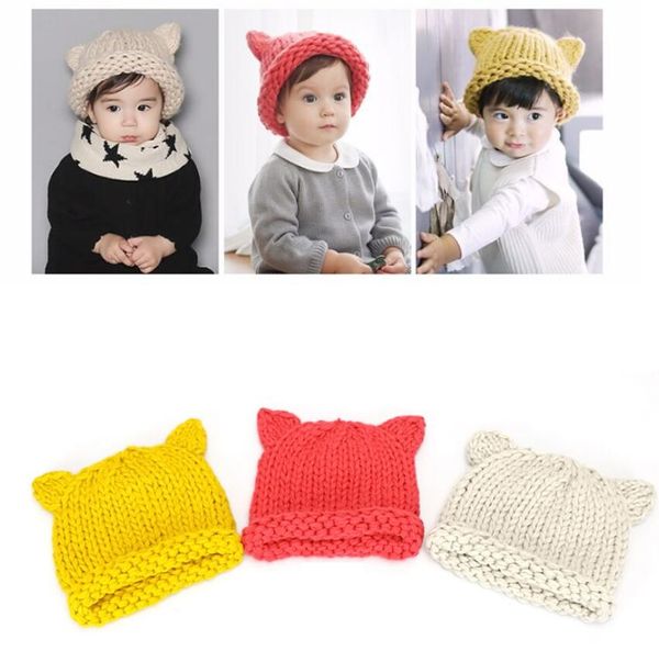 

handmade knitted cute baby girl boy winter hat cat ears lovely cartoon design baby hat crochet pattern hat, Yellow