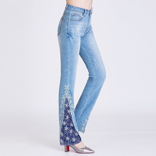 

new jeans woman embroidered trousers lace bell bottoms design light blue stretch high waisted jeans ladies mujer 36