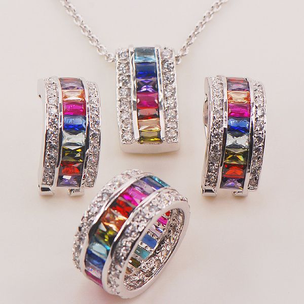 

morganite blue&light blue&purple&red crystal zircon garnet 925 silver jewelry set pendant earrings ring size 6to 12