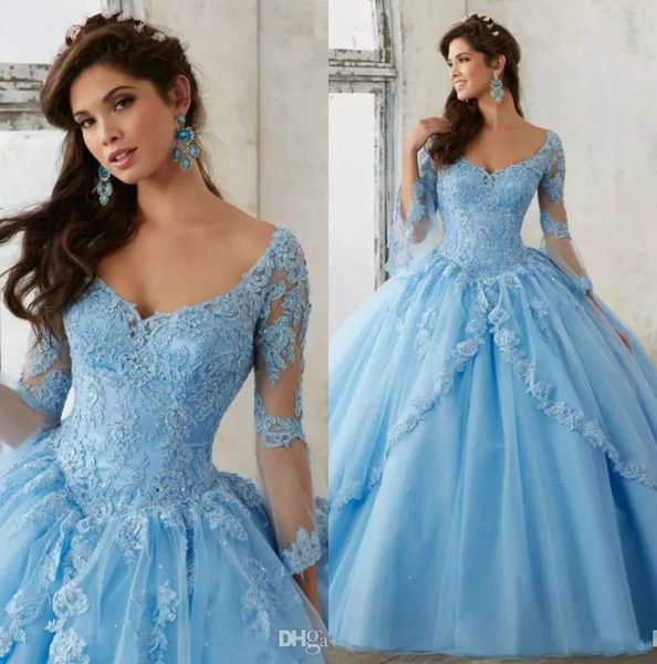 

небесно-голубой кружева quinceanera платья v шеи с длинным рукавом сладкий 16 маскарад аппликация бальные платья пользовательские пром плать, Blue;red